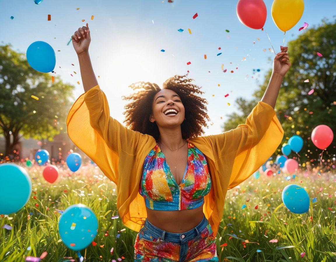 A joyful figure of diverse body types celebrating their uniqueness, surrounded by colorful confetti and balloons, with radiant sunbeams highlighting their confidence. Include playful poses, vibrant clothing, and beaming smiles to reflect self-love and positivity. Background should feature a bright blue sky and lush green grass. 3D. vibrant colors.