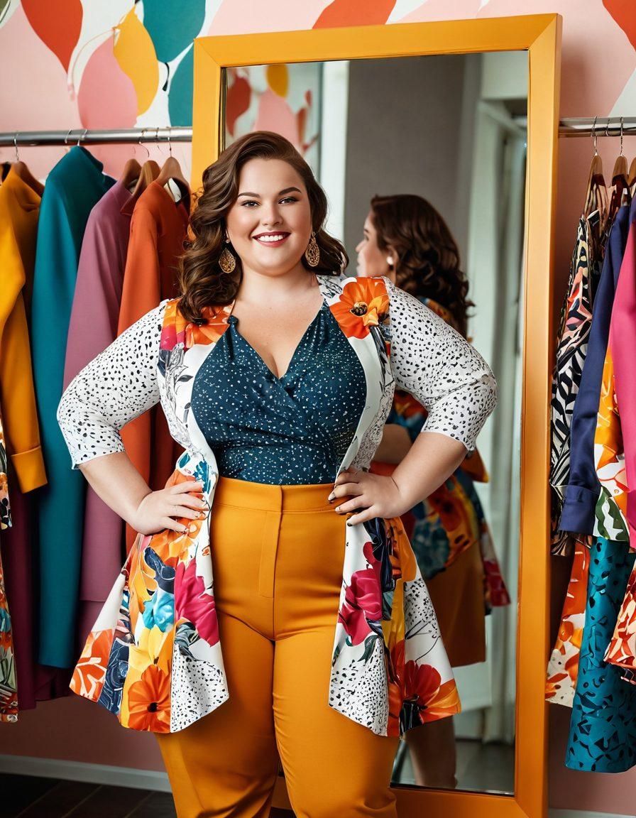A confident plus-size woman wearing a vibrant and stylish outfit, showcasing bold patterns and colors. She stands in front of a mirror, admiring her reflection with a joyful smile, surrounded by fashion sketches and accessories that celebrate individuality. The background features abstract shapes and warm hues, symbolizing exuberance and self-expression. Include elements of nature like flowers to emphasize beauty and growth. vibrant colors. super-realistic.