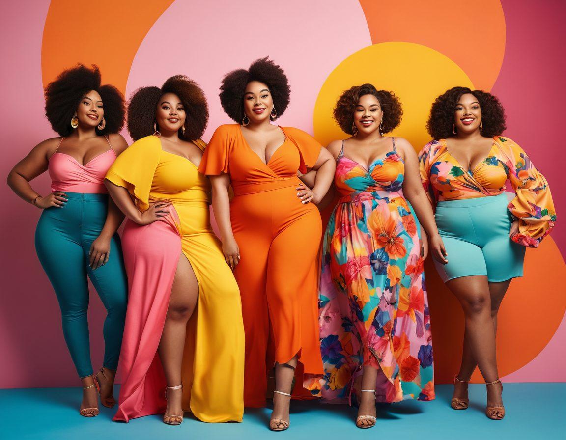 A vibrant and joyful scene showcasing a diverse group of curvy individuals dressed in colorful and stylish outfits, radiating confidence and happiness. The background features uplifting, abstract designs symbolizing body positivity, with elements like flowers and sunshine to evoke a sense of celebration. Each person is striking a unique pose that expresses self-love and empowerment. super-realistic. vibrant colors. cheerful atmosphere.